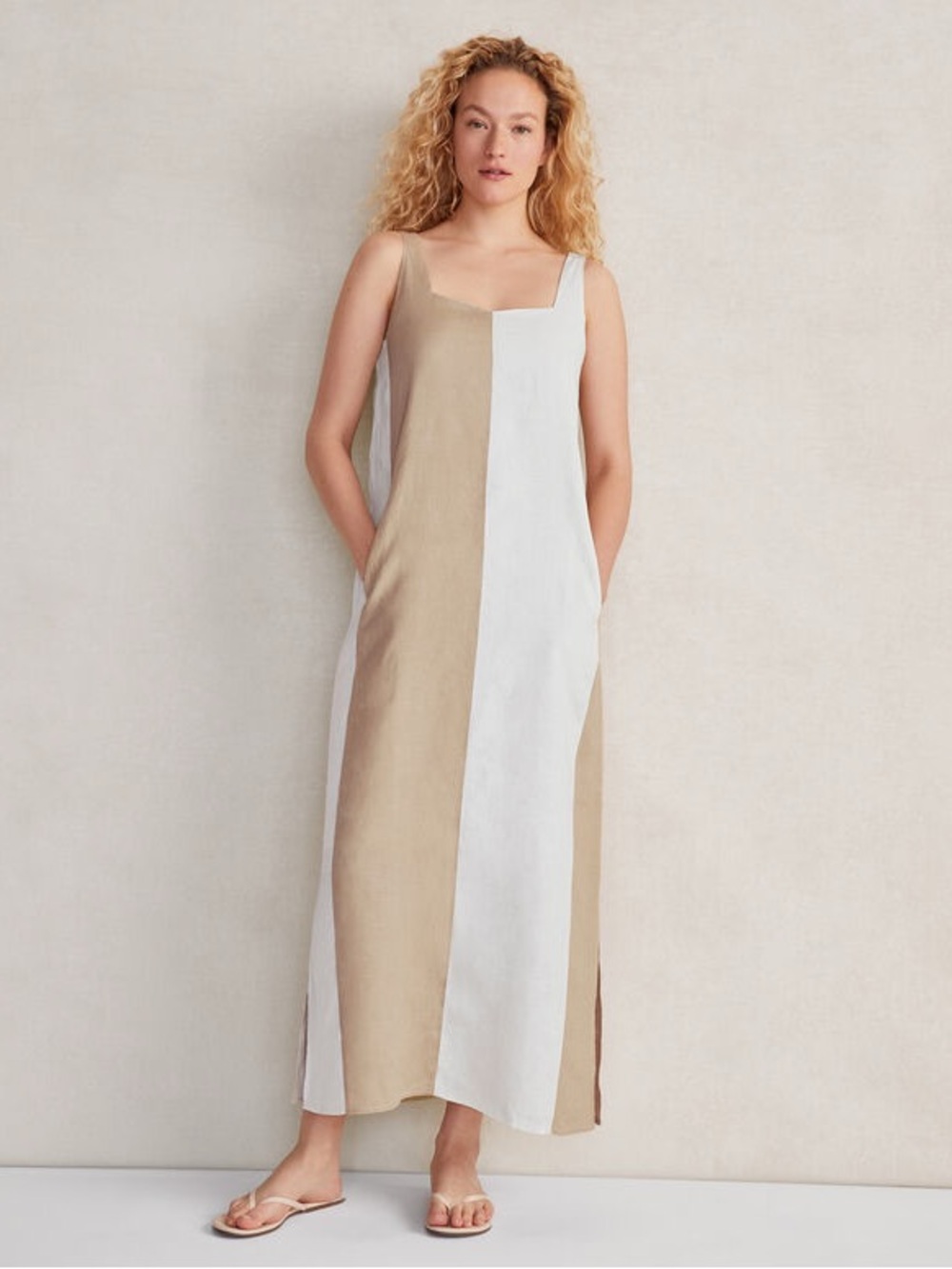 Sleeveless Two-Tone Beige and White Linen Maxi Dress